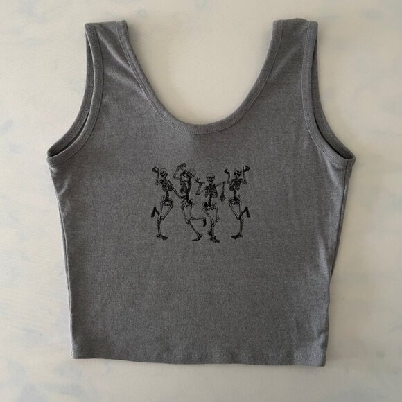 Obsessive Love Grey Dancing Skeleton Cropped Tank Top - Picture 1 of 5